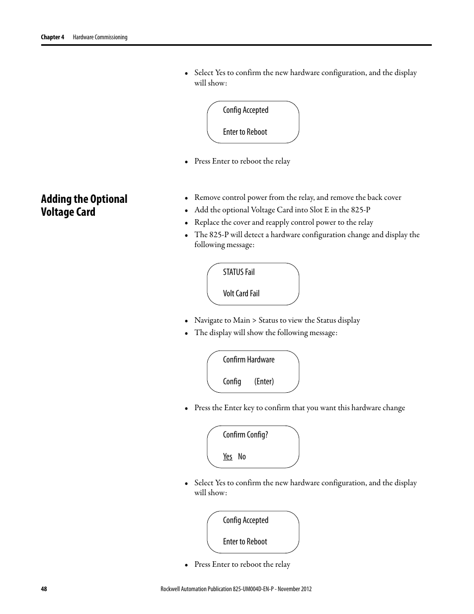 Adding the optional voltage card, Adding the optional, Voltage card | Rockwell Automation 825-P Modular Protection System for Motors User Manual User Manual | Page 48 / 266