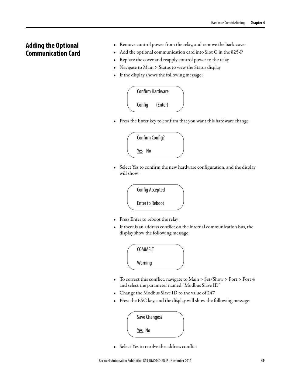 Adding the optional communication card | Rockwell Automation 825-P Modular Protection System for Motors User Manual User Manual | Page 49 / 266