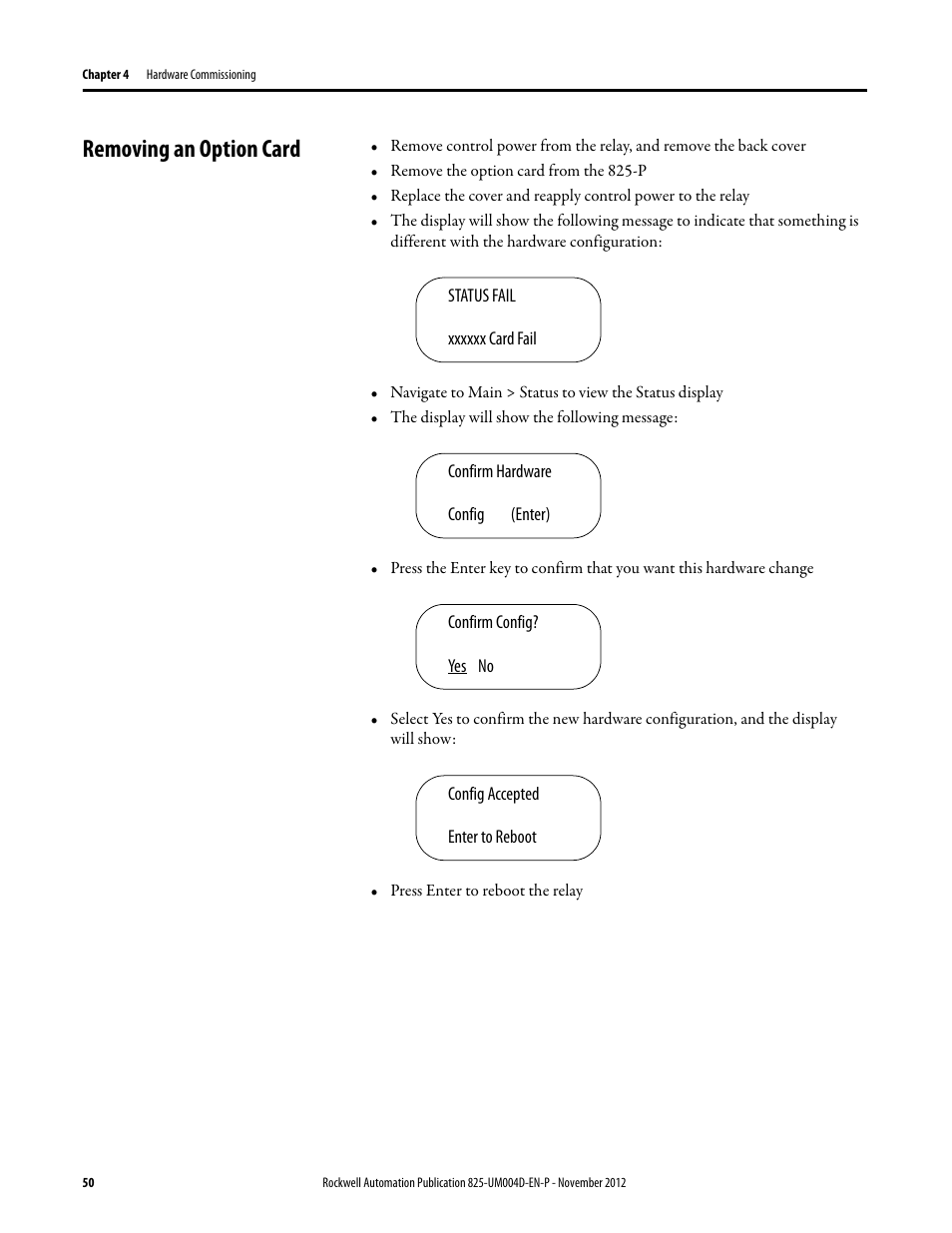 Removing an option card | Rockwell Automation 825-P Modular Protection System for Motors User Manual User Manual | Page 50 / 266