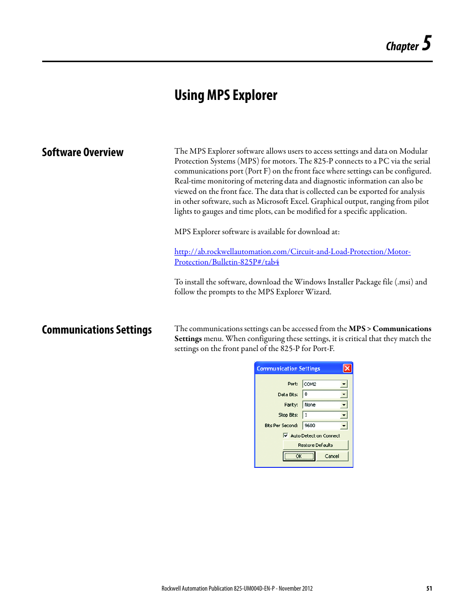 Using mps explorer, Software overview, Communications settings | Chapter 5, Software overview communications settings, Chapter 5: using mps explorer | Rockwell Automation 825-P Modular Protection System for Motors User Manual User Manual | Page 51 / 266