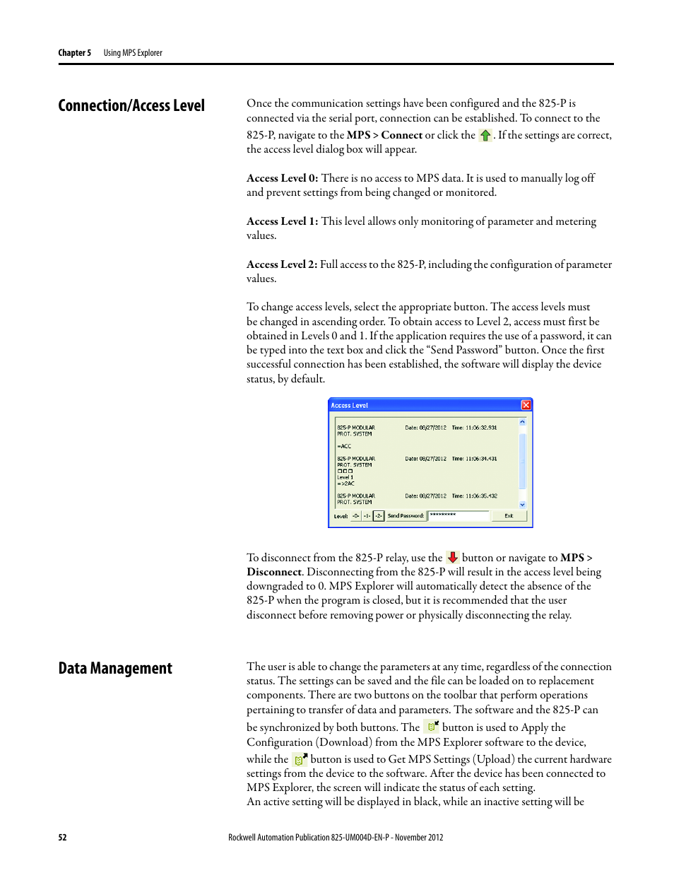 Connection/access level, Data management, Connection/access level data management | Rockwell Automation 825-P Modular Protection System for Motors User Manual User Manual | Page 52 / 266