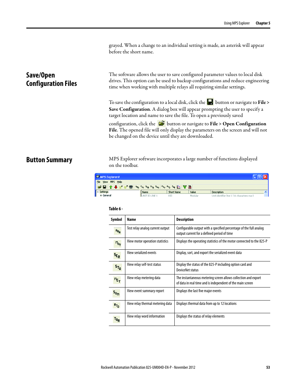 Save/open configuration files, Button summary, Table 6 | Save/open, Configuration files button summary | Rockwell Automation 825-P Modular Protection System for Motors User Manual User Manual | Page 53 / 266
