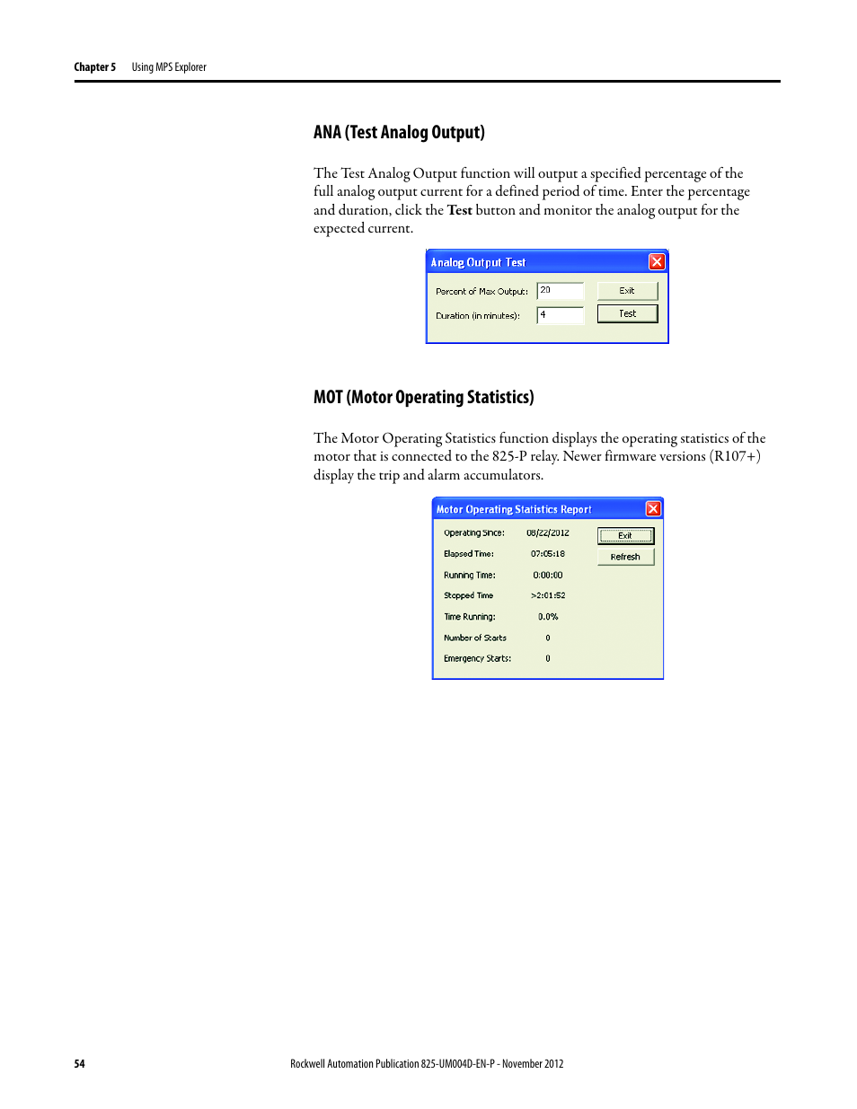 Ana (test analog output), Mot (motor operating statistics) | Rockwell Automation 825-P Modular Protection System for Motors User Manual User Manual | Page 54 / 266