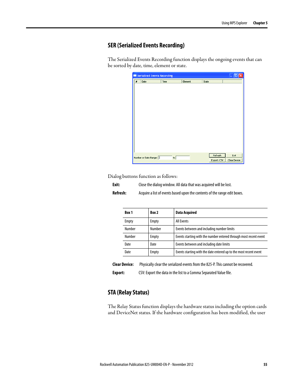 Ser (serialized events recording), Sta (relay status) | Rockwell Automation 825-P Modular Protection System for Motors User Manual User Manual | Page 55 / 266