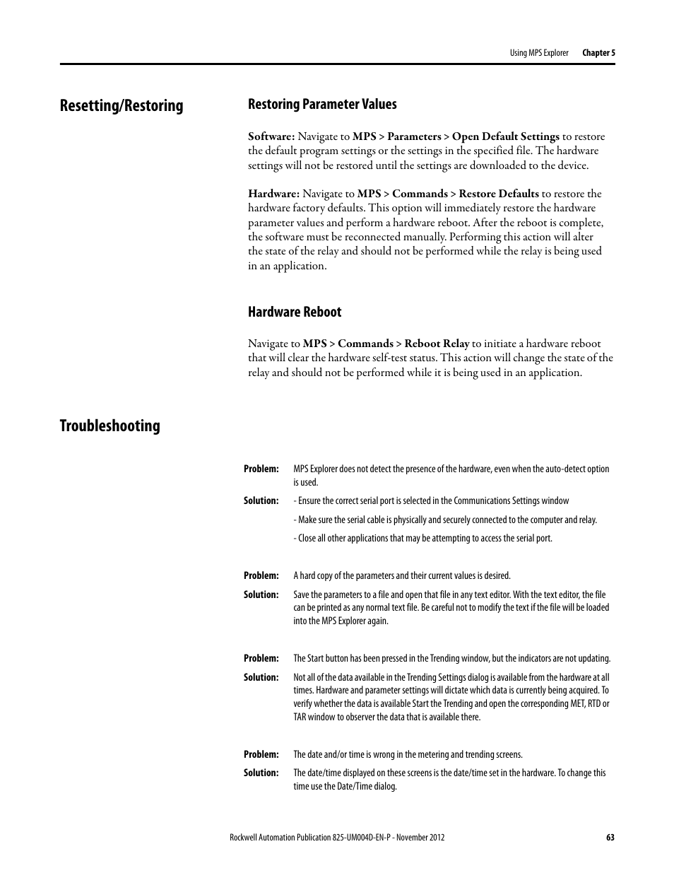 Resetting/restoring, Restoring parameter values, Hardware reboot | Troubleshooting, Resetting/restoring troubleshooting | Rockwell Automation 825-P Modular Protection System for Motors User Manual User Manual | Page 63 / 266