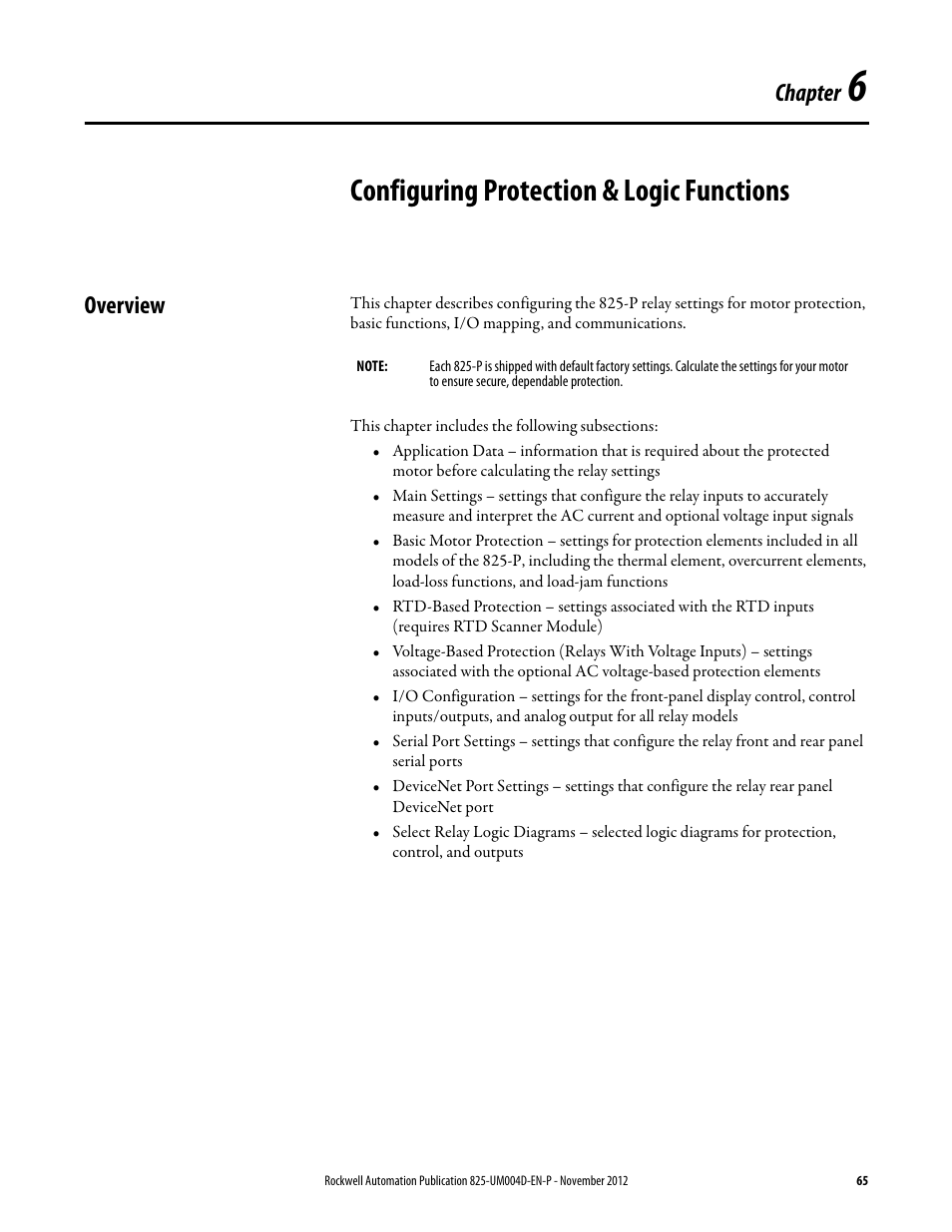 Configuring protection & logic functions, Overview, Chapter 6 | Chapter | Rockwell Automation 825-P Modular Protection System for Motors User Manual User Manual | Page 65 / 266