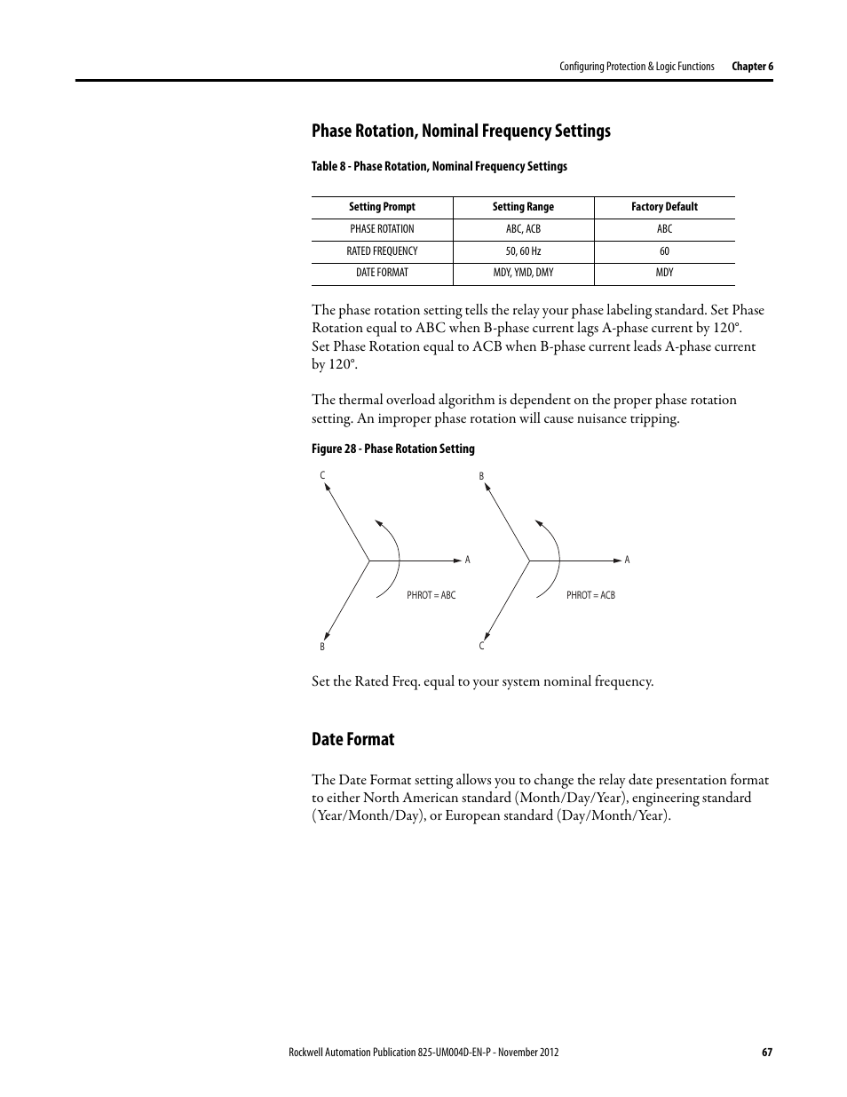 Phase rotation, nominal frequency settings, Figure 28 - phase rotation setting, Date format | Rockwell Automation 825-P Modular Protection System for Motors User Manual User Manual | Page 67 / 266