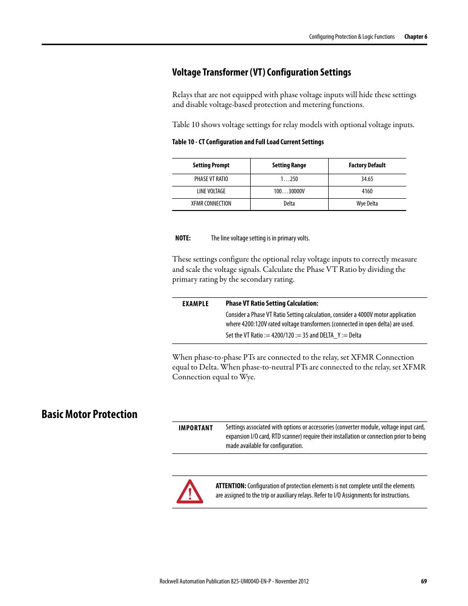 Voltage transformer (vt) configuration settings, Basic motor protection | Rockwell Automation 825-P Modular Protection System for Motors User Manual User Manual | Page 69 / 266