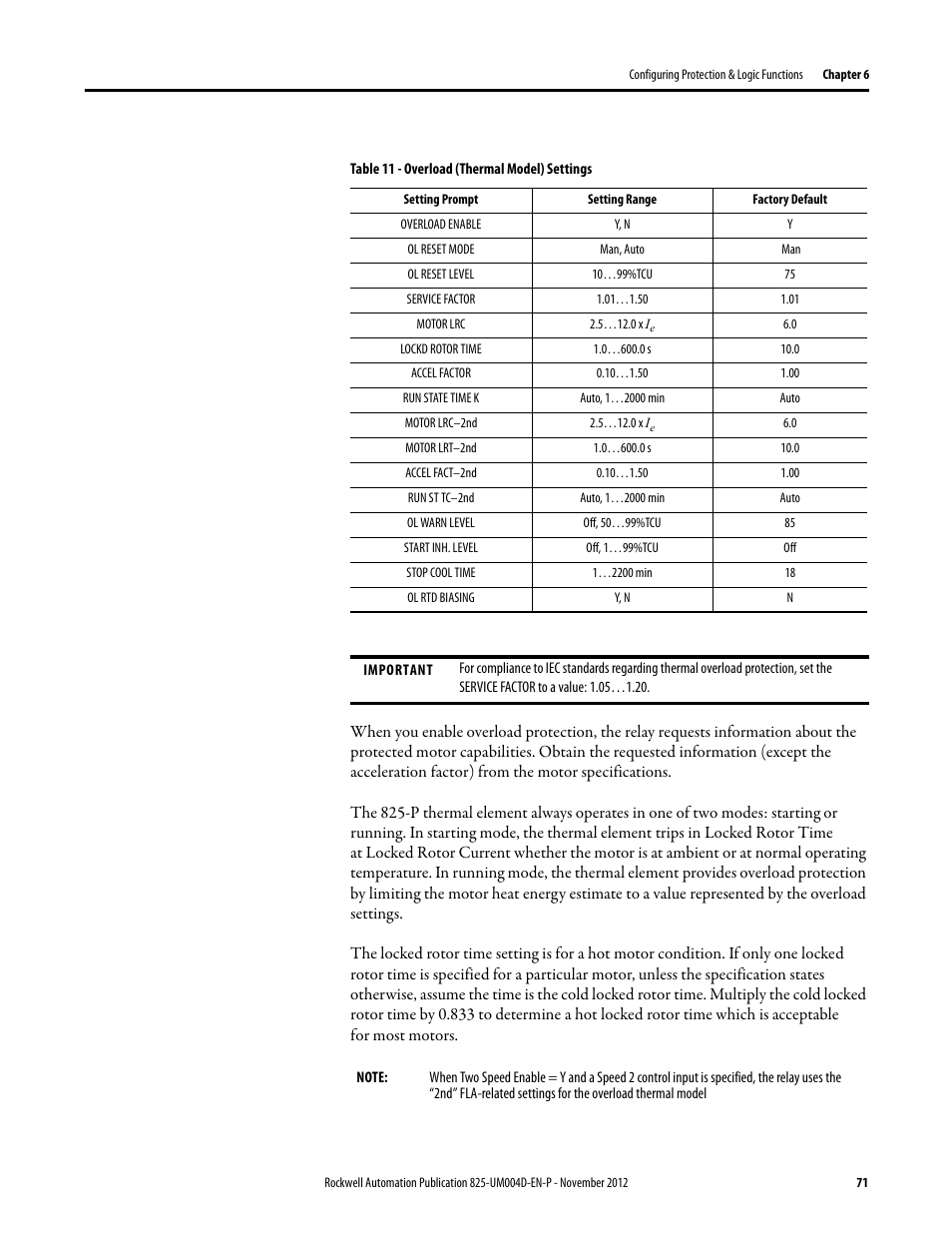 Table 11 - overload (thermal model) settings | Rockwell Automation 825-P Modular Protection System for Motors User Manual User Manual | Page 71 / 266