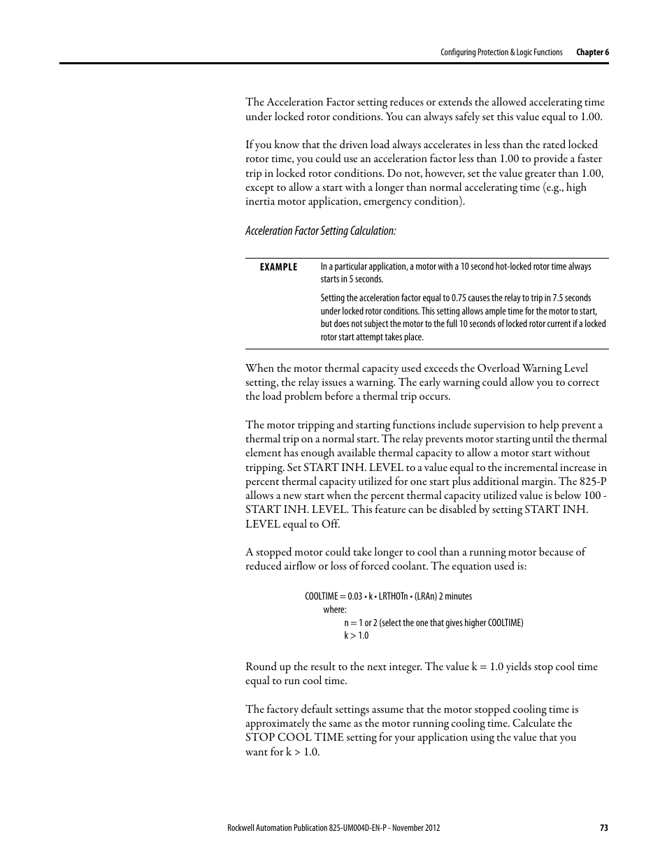 Acceleration factor setting calculation | Rockwell Automation 825-P Modular Protection System for Motors User Manual User Manual | Page 73 / 266