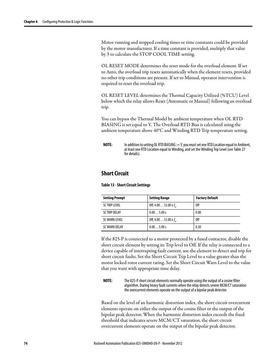 Short circuit, Table 13 - short circuit settings | Rockwell Automation 825-P Modular Protection System for Motors User Manual User Manual | Page 74 / 266