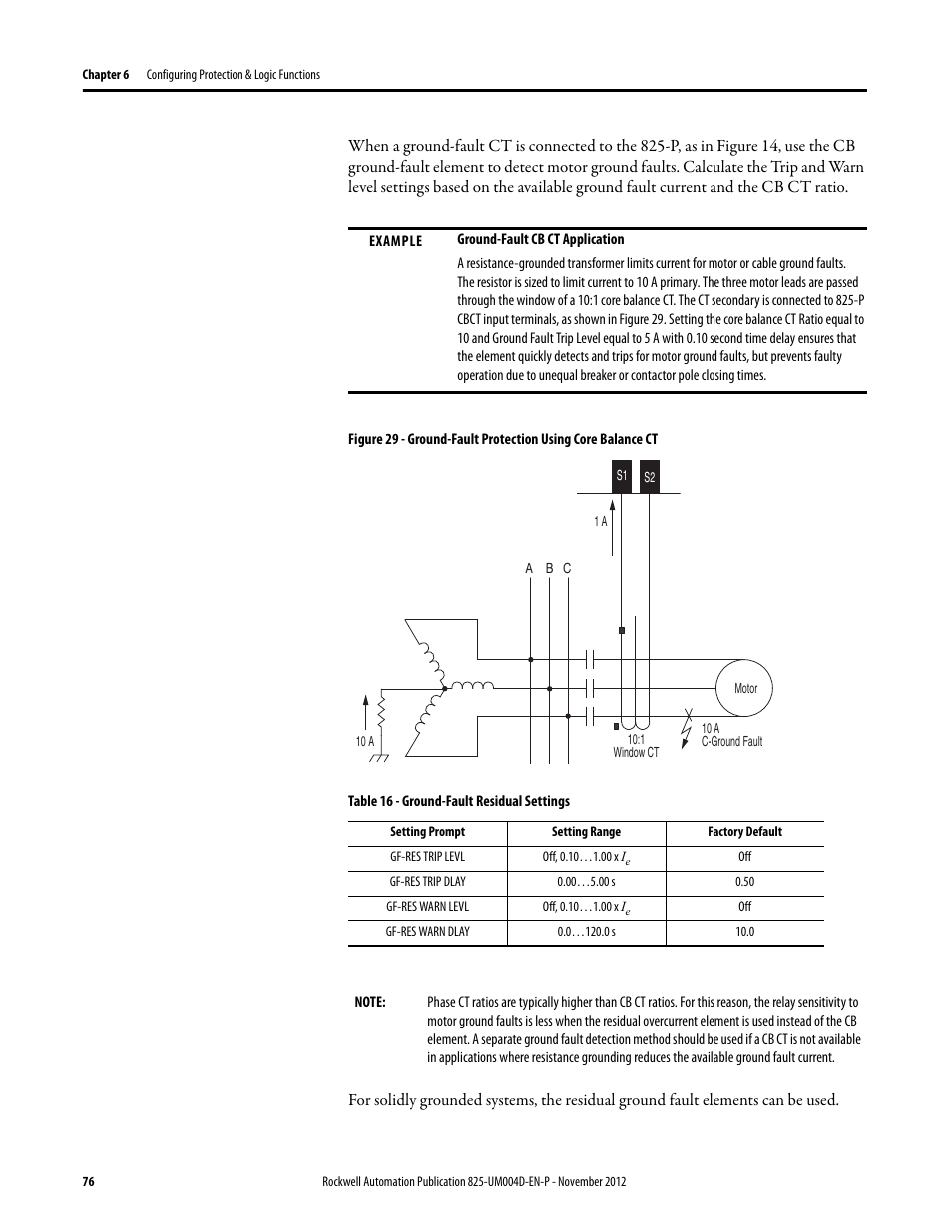 Table 16 - ground-fault residual settings | Rockwell Automation 825-P Modular Protection System for Motors User Manual User Manual | Page 76 / 266