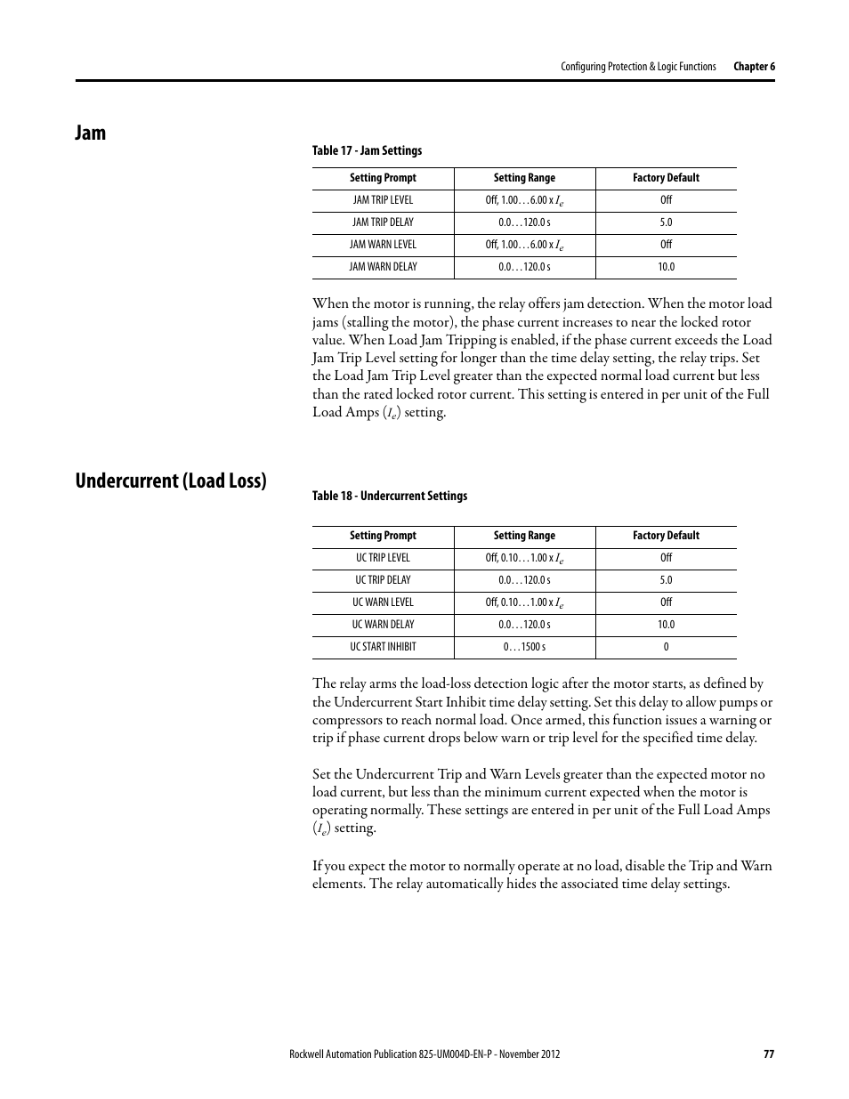 Table 17 - jam settings, Undercurrent (load loss), Table 18 - undercurrent settings | Jam undercurrent (load loss) | Rockwell Automation 825-P Modular Protection System for Motors User Manual User Manual | Page 77 / 266