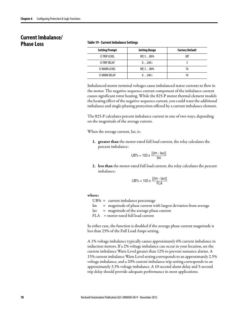 Current imbalance/ phase loss, Table 19 - current imbalance settings, Current imbalance | Phase loss | Rockwell Automation 825-P Modular Protection System for Motors User Manual User Manual | Page 78 / 266