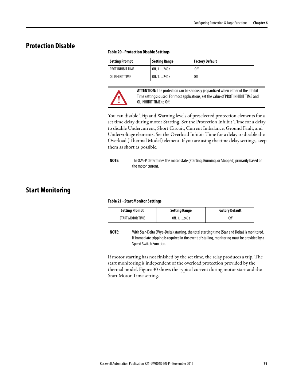 Protection disable, Table 20 - protection disable settings, Start monitoring | Table 21 - start monitor settings, Protection disable start monitoring | Rockwell Automation 825-P Modular Protection System for Motors User Manual User Manual | Page 79 / 266