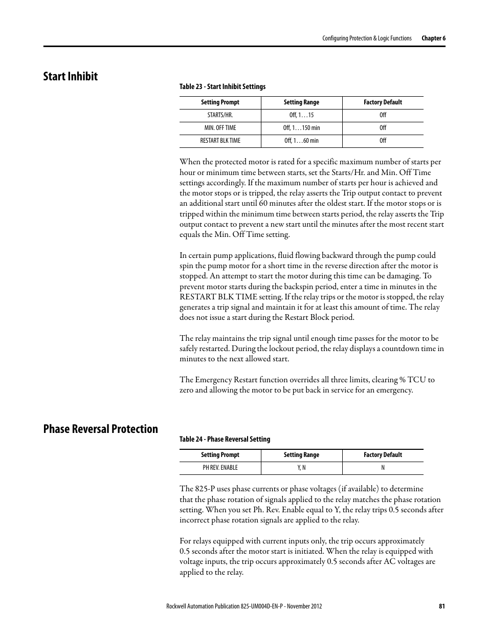 Start inhibit, Table 23 - start inhibit settings, Phase reversal protection | Table 24 - phase reversal setting, Start inhibit phase reversal protection | Rockwell Automation 825-P Modular Protection System for Motors User Manual User Manual | Page 81 / 266