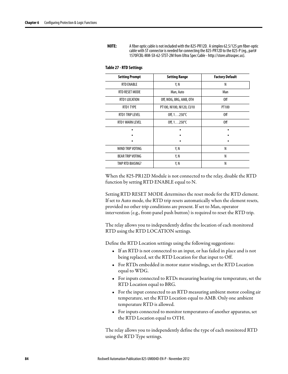 Table 27 - rtd settings, Table 27, Le. table 27 shows | Rockwell Automation 825-P Modular Protection System for Motors User Manual User Manual | Page 84 / 266