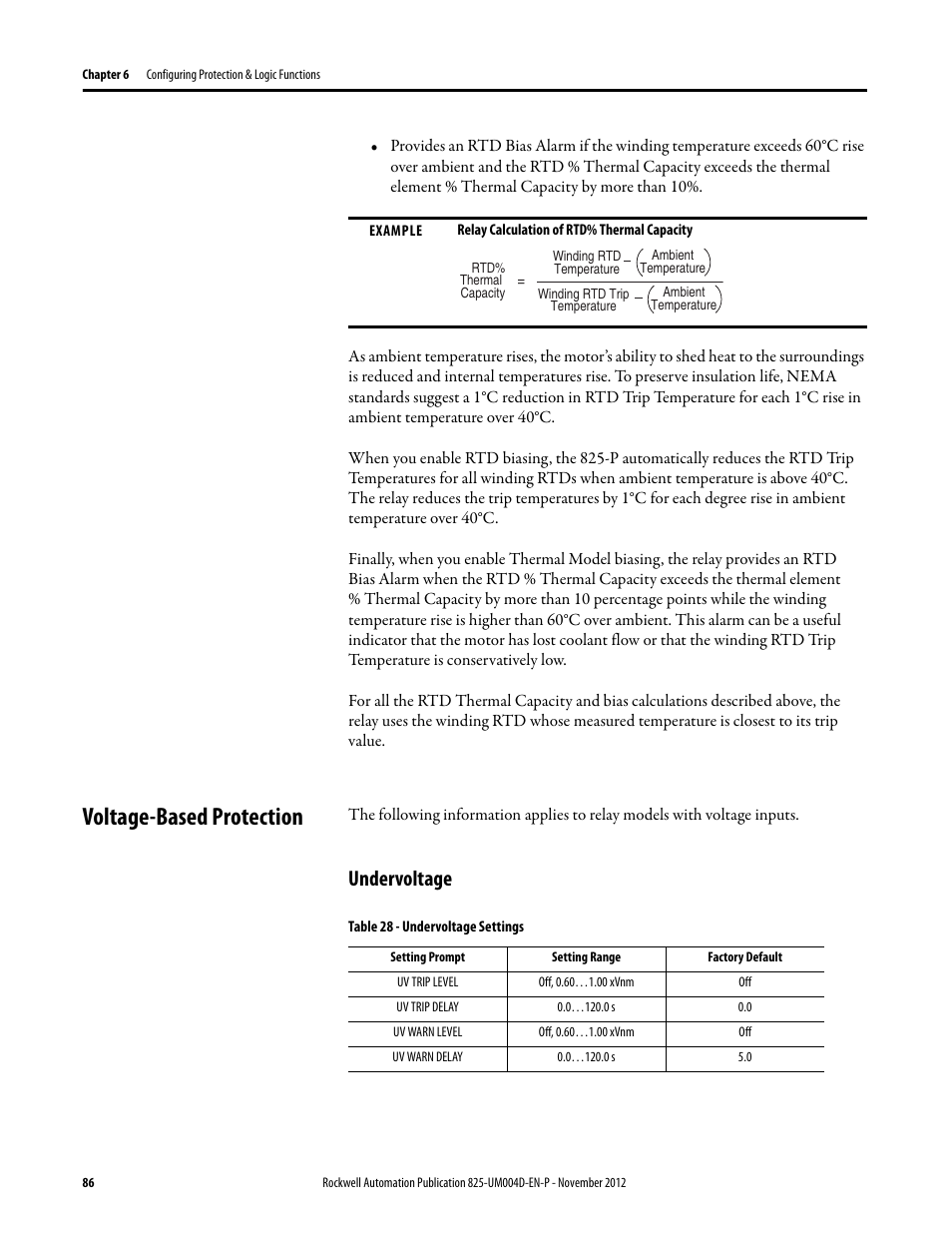 Voltage-based protection, Undervoltage, Table 28 - undervoltage settings | Rockwell Automation 825-P Modular Protection System for Motors User Manual User Manual | Page 86 / 266