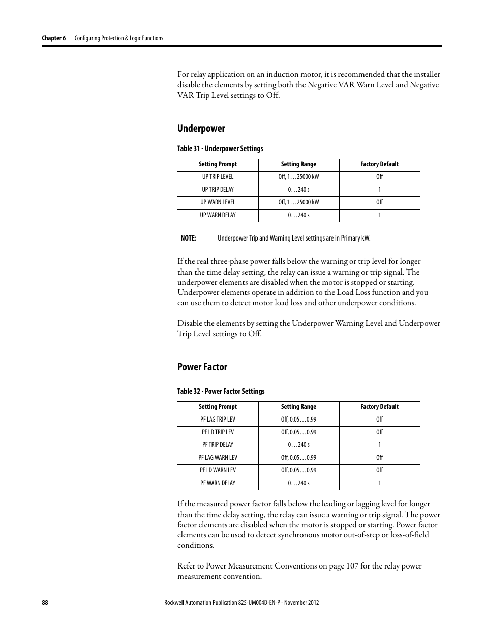 Underpower, Table 31 - underpower settings, Power factor | Table 32 - power factor settings, Underpower power factor | Rockwell Automation 825-P Modular Protection System for Motors User Manual User Manual | Page 88 / 266