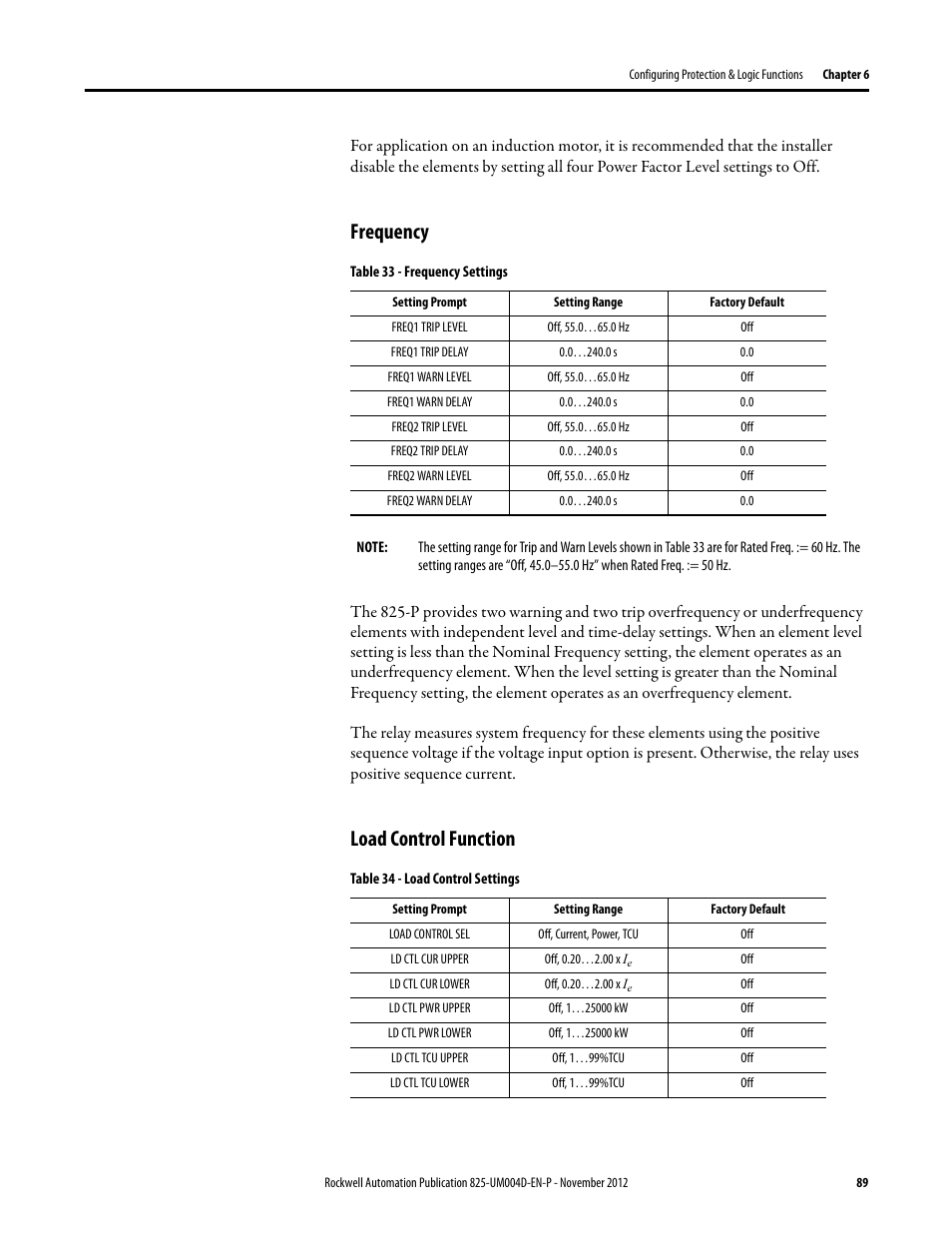Frequency, Table 33 - frequency settings, Freq1 trip level | Freq1 trip delay, Freq1 warn level, Freq1 warn delay, Freq2 trip level, Freq2 trip delay, Freq2 warn level, Freq2 warn delay | Rockwell Automation 825-P Modular Protection System for Motors User Manual User Manual | Page 89 / 266