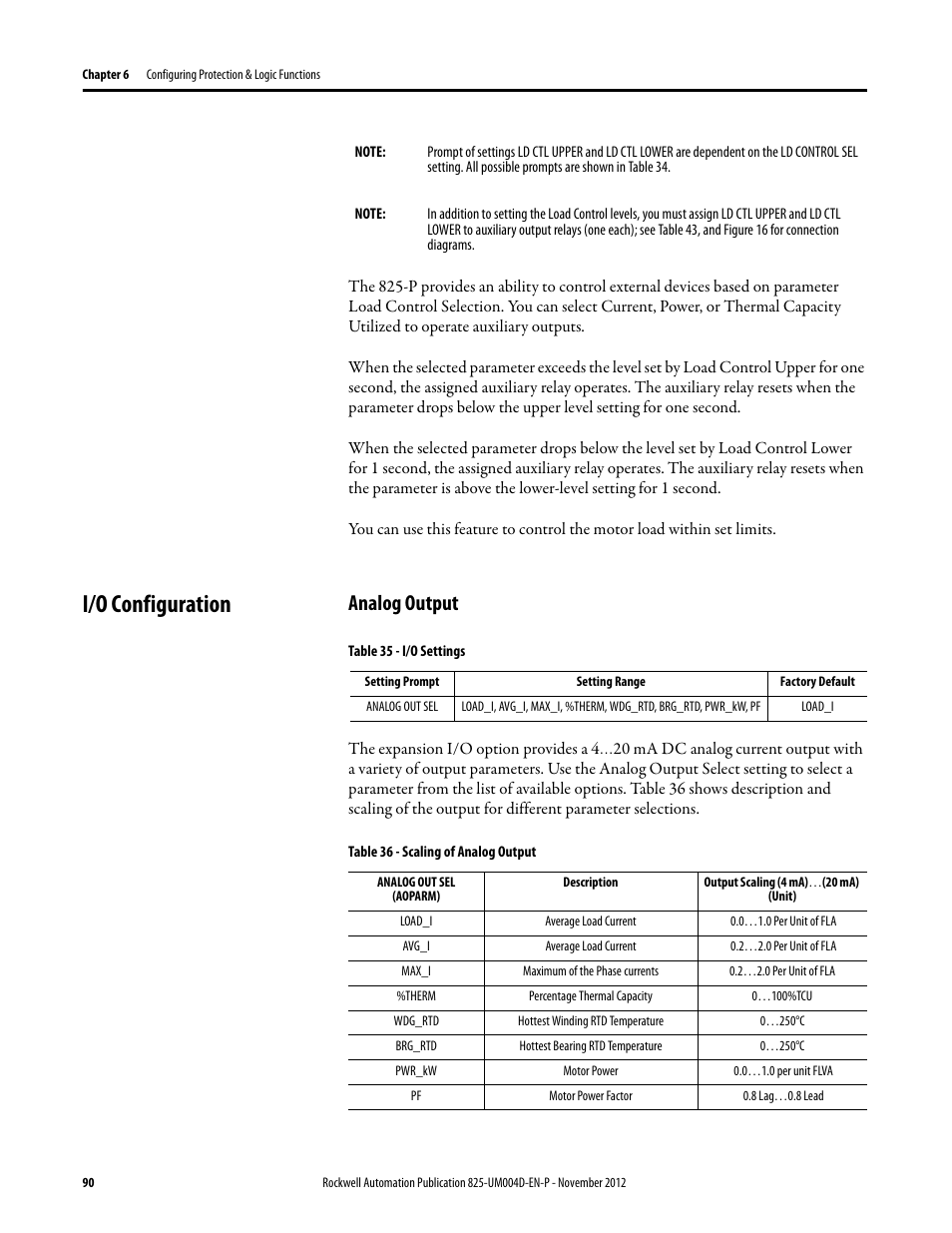 I/o configuration, Analog output, Table 35 - i/o settings | Analog out sel, Load_i, Table 36 - scaling of analog output, Avg_i, Max_i, Therm, Wdg_rtd | Rockwell Automation 825-P Modular Protection System for Motors User Manual User Manual | Page 90 / 266