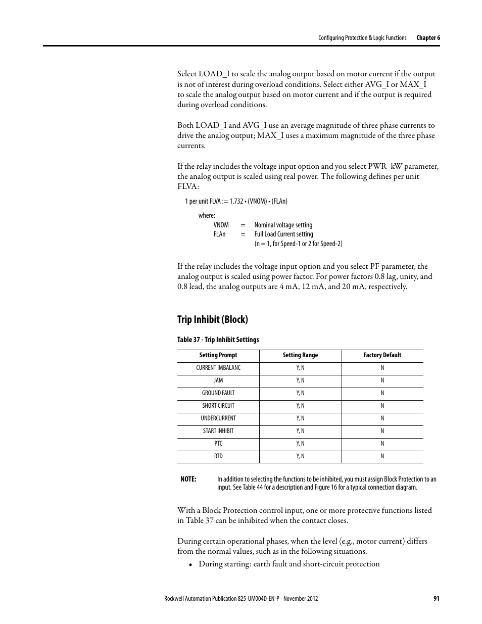 Trip inhibit (block), Table 37 - trip inhibit settings, Current imbalanc | Ground fault, Short circuit, Undercurrent, Start inhibit, Y, n | Rockwell Automation 825-P Modular Protection System for Motors User Manual User Manual | Page 91 / 266