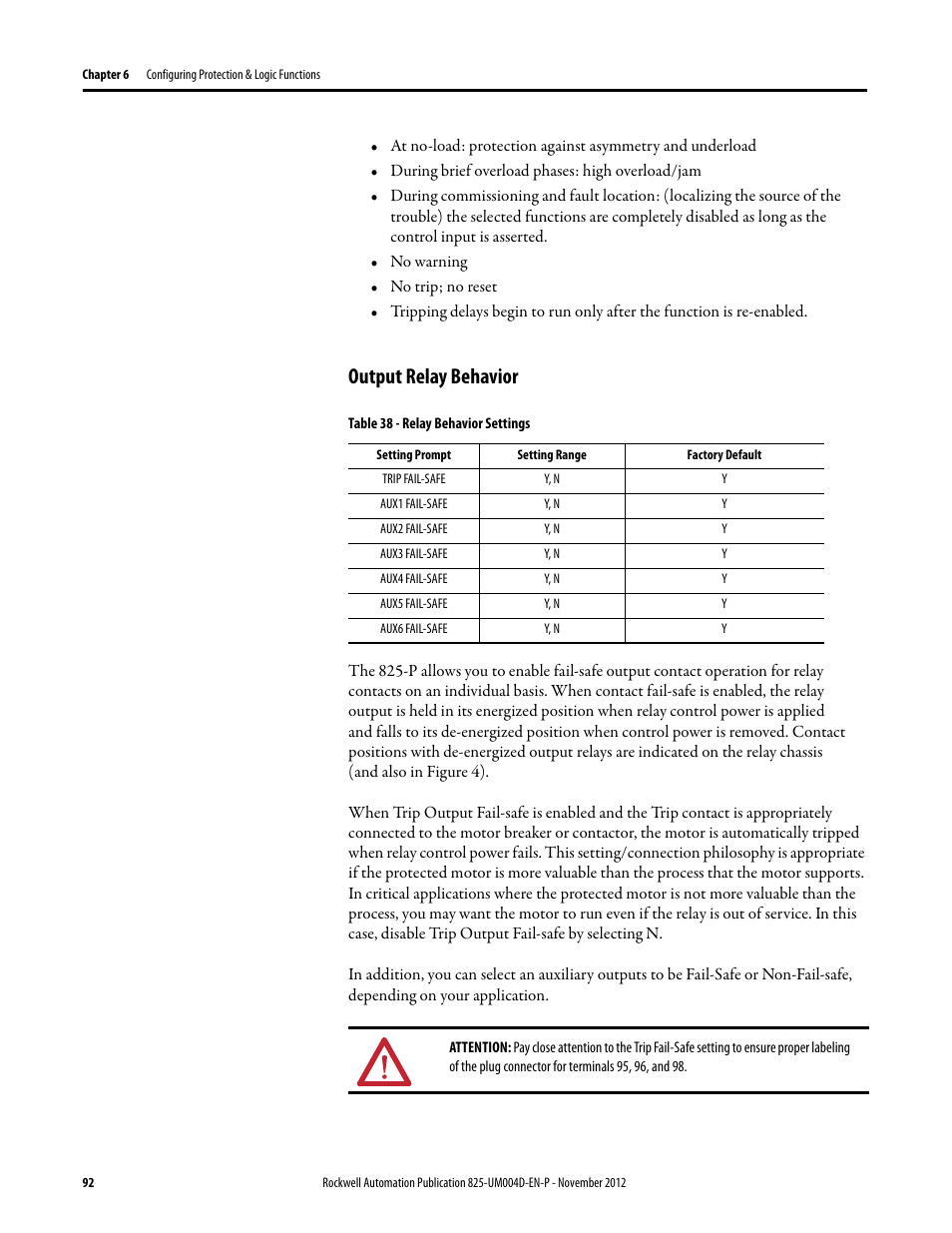 Output relay behavior, Table 38 - relay behavior settings, Trip fail-safe | Aux1 fail-safe, Aux2 fail-safe, Aux3 fail-safe, Aux4 fail-safe, Aux5 fail-safe, Aux6 fail-safe, Y, n | Rockwell Automation 825-P Modular Protection System for Motors User Manual User Manual | Page 92 / 266