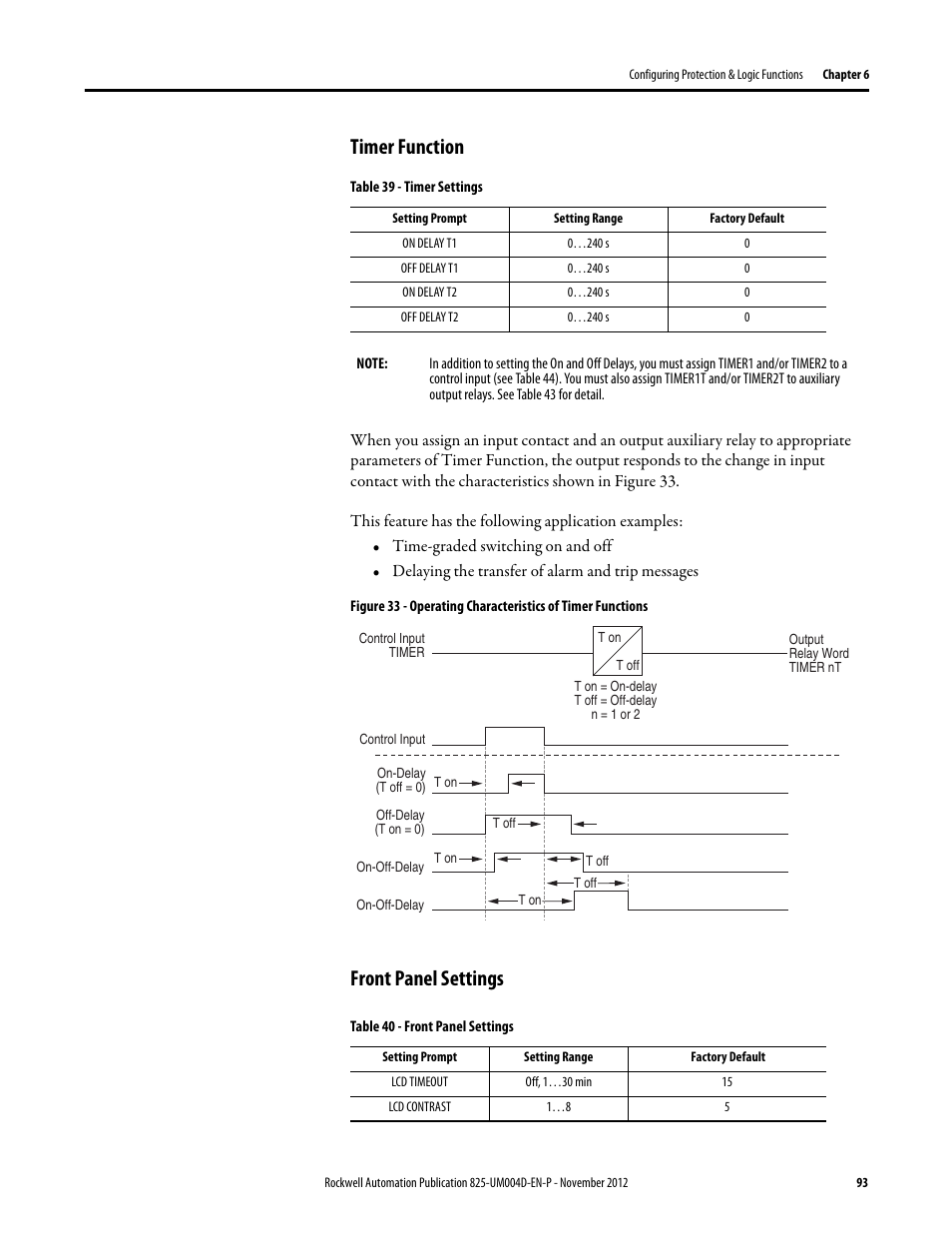 Timer function, Table 39 - timer settings, On delay t1 | Off delay t1, On delay t2, Off delay t2, 0…240 s, Front panel settings, Table 40 - front panel settings, Lcd timeout | Rockwell Automation 825-P Modular Protection System for Motors User Manual User Manual | Page 93 / 266