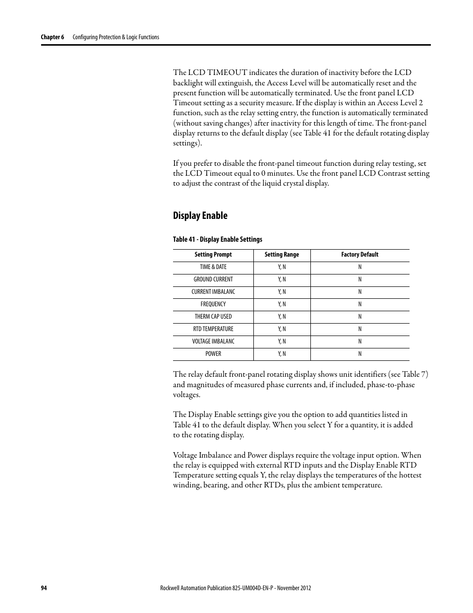 Display enable, Table 41 - display enable settings, Time & date | Ground current, Current imbalanc, Frequency, Therm cap used, Rtd temperature, Voltage imbalanc, Power | Rockwell Automation 825-P Modular Protection System for Motors User Manual User Manual | Page 94 / 266