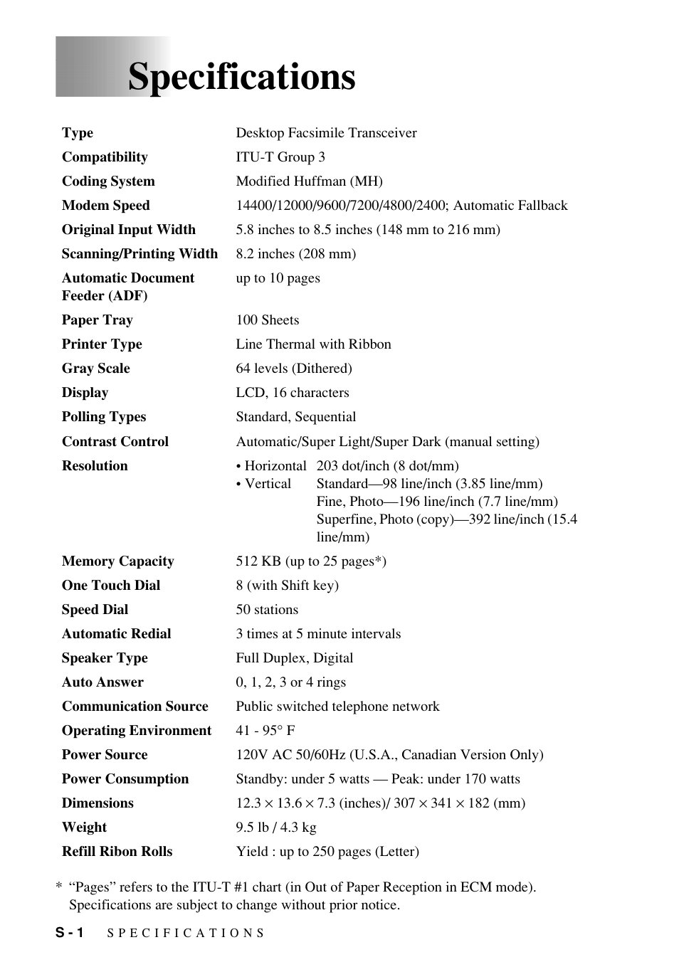 Specifications | Brother Fax-885MC User Manual | Page 100 / 108