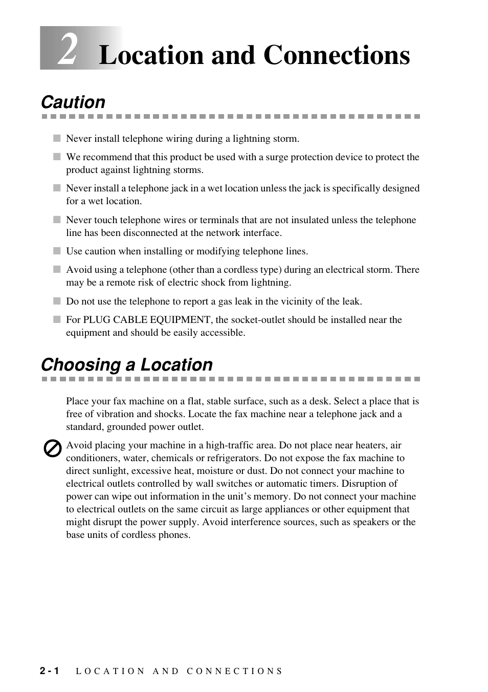 Location and connections, Caution, Choosing a location | Brother Fax-885MC User Manual | Page 20 / 108