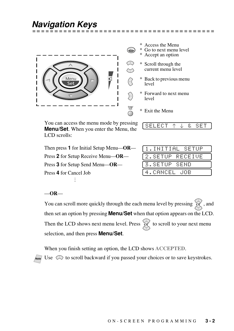 Navigation keys | Brother Fax-885MC User Manual | Page 31 / 108