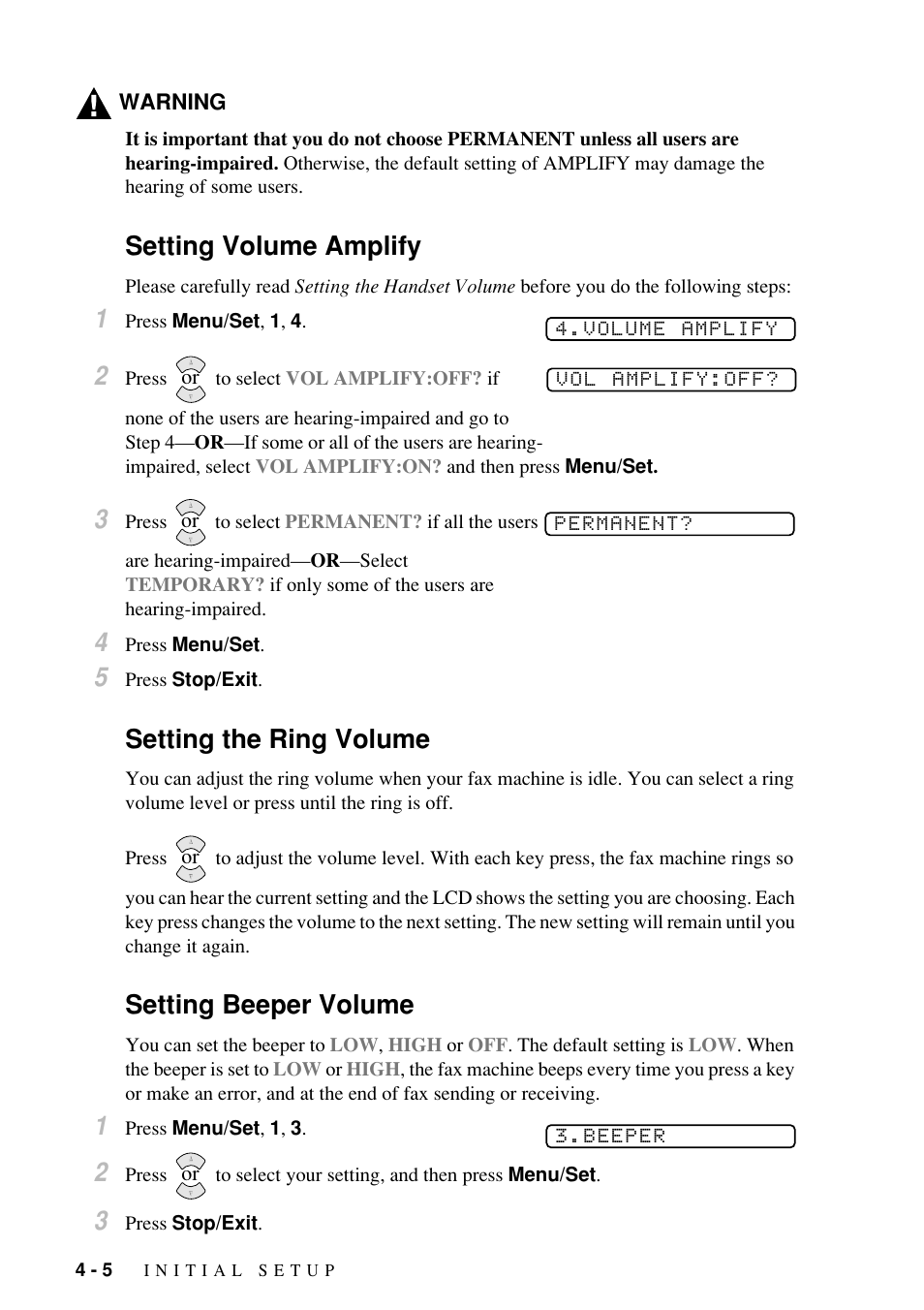 Setting volume amplify, Setting the ring volume, Setting beeper volume | Brother Fax-885MC User Manual | Page 40 / 108