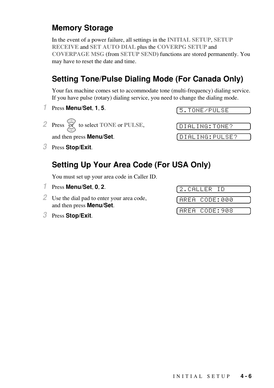 Setting tone/pulse dialing mode (for canada only), Setting up your area code (for usa only) | Brother Fax-885MC User Manual | Page 41 / 108