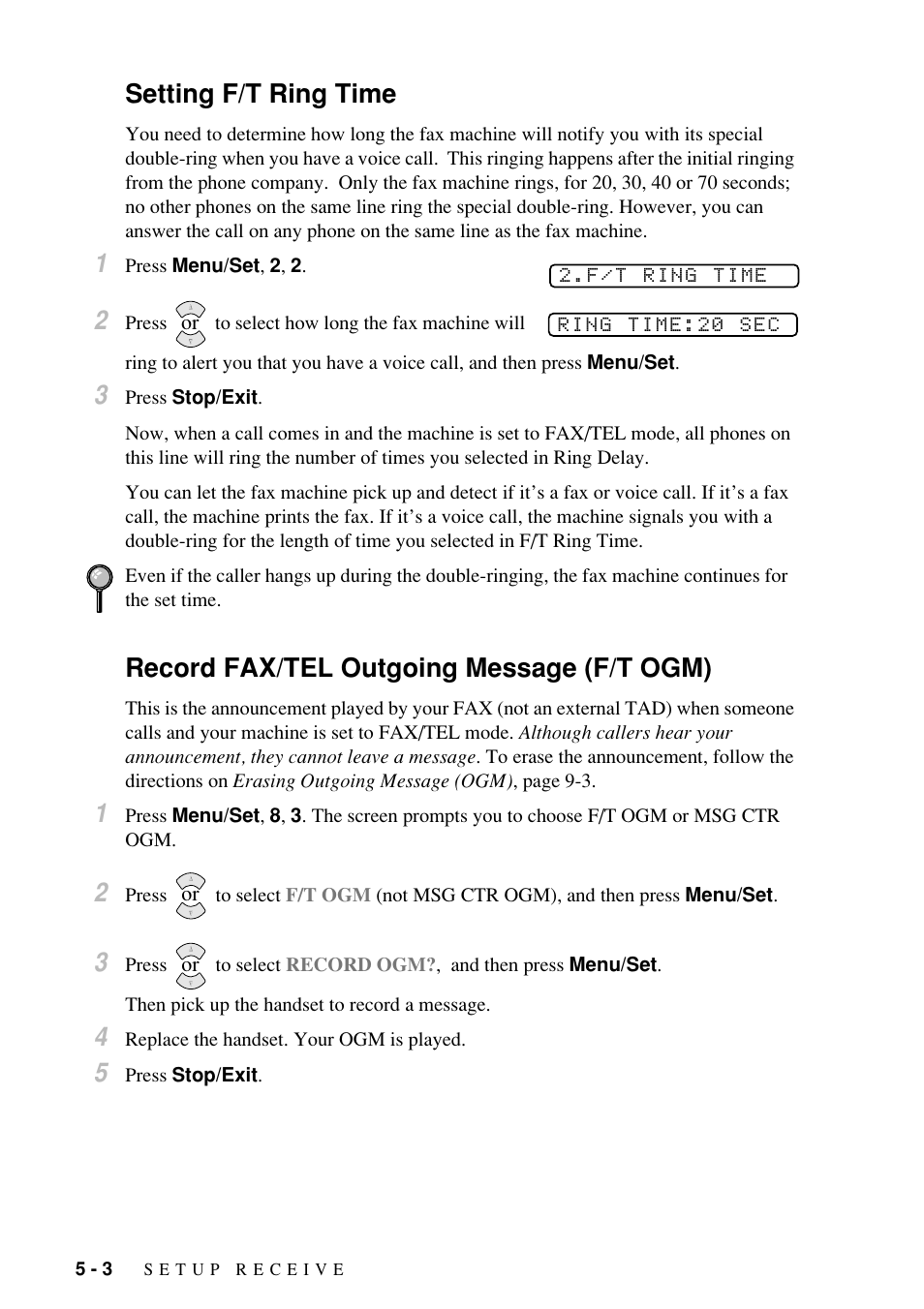 Setting f/t ring time, Record fax/tel outgoing message (f/t ogm) | Brother Fax-885MC User Manual | Page 44 / 108