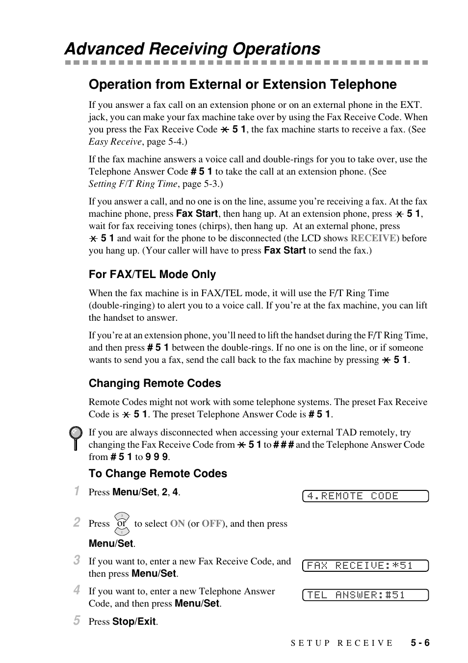 Advanced receiving operations, Operation from external or extension telephone | Brother Fax-885MC User Manual | Page 47 / 108