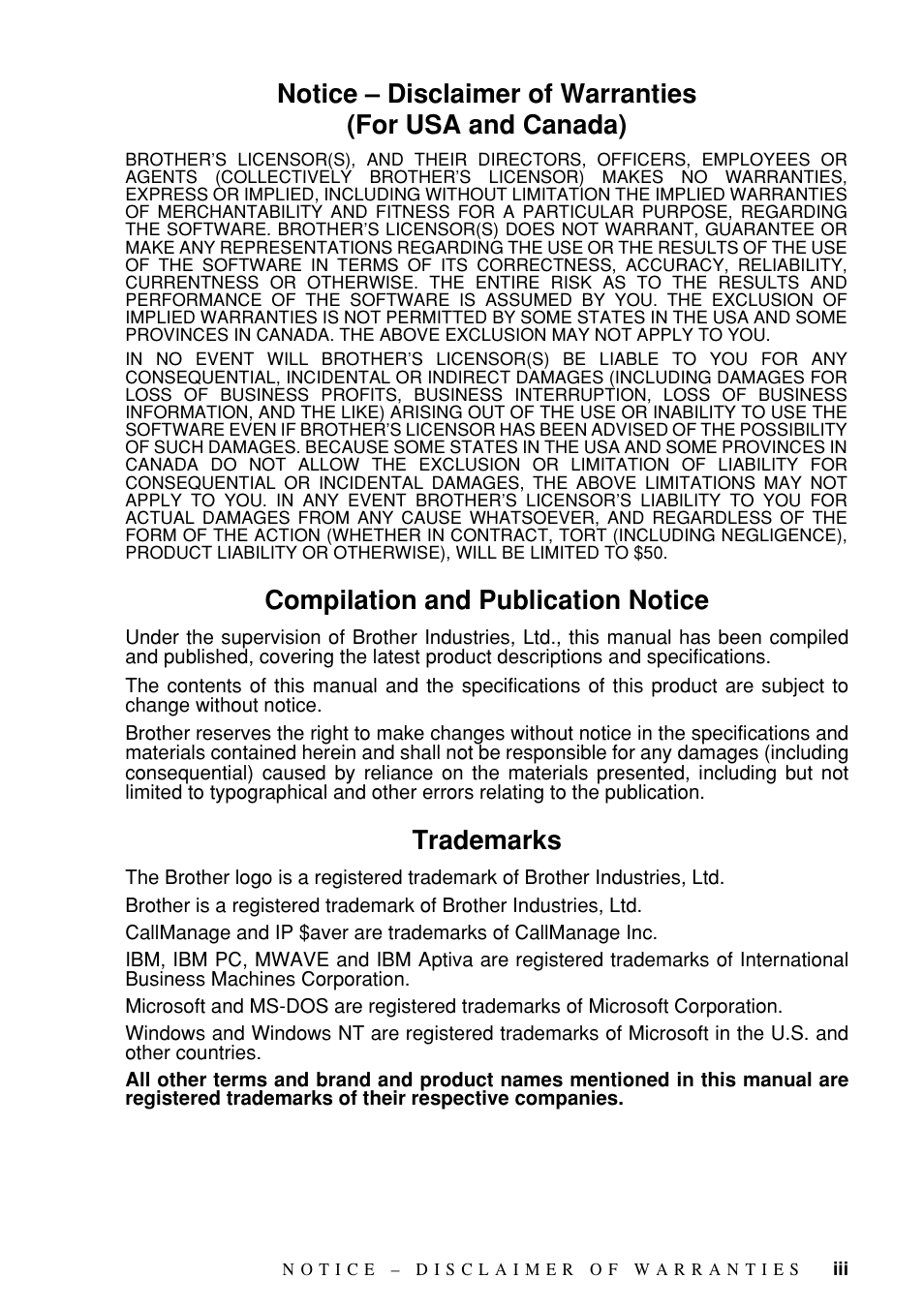 Compilation and publication notice, Trademarks | Brother Fax-885MC User Manual | Page 5 / 108
