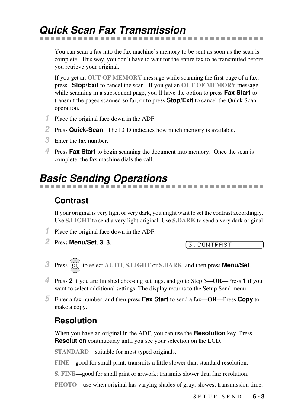 Quick scan fax transmission, Basic sending operations, Contrast | Resolution | Brother Fax-885MC User Manual | Page 51 / 108