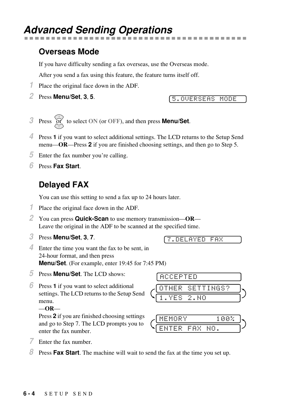 Advanced sending operations, Overseas mode, Delayed fax | Brother Fax-885MC User Manual | Page 52 / 108