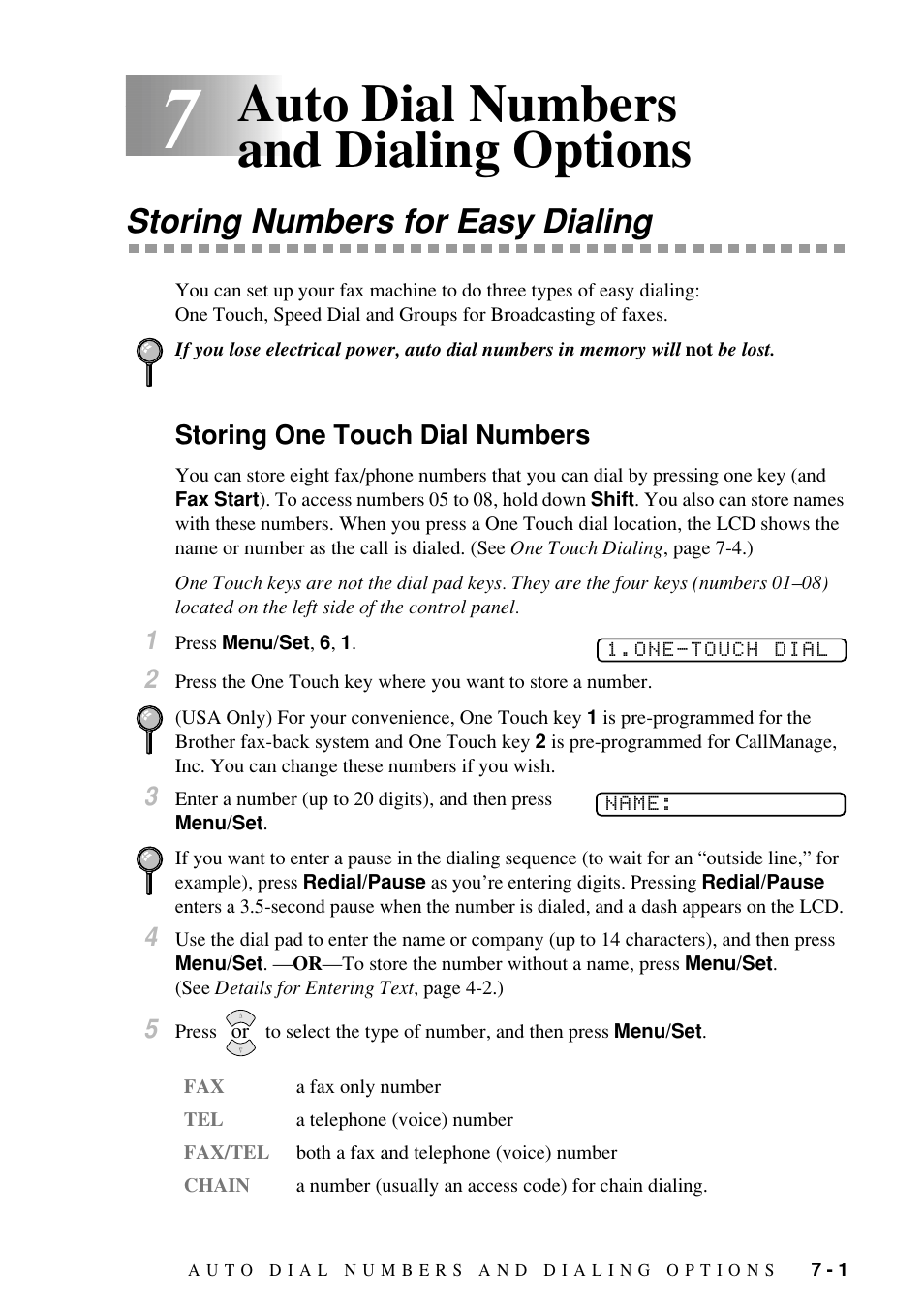 Auto dial numbers and dialing options, Storing numbers for easy dialing | Brother Fax-885MC User Manual | Page 55 / 108