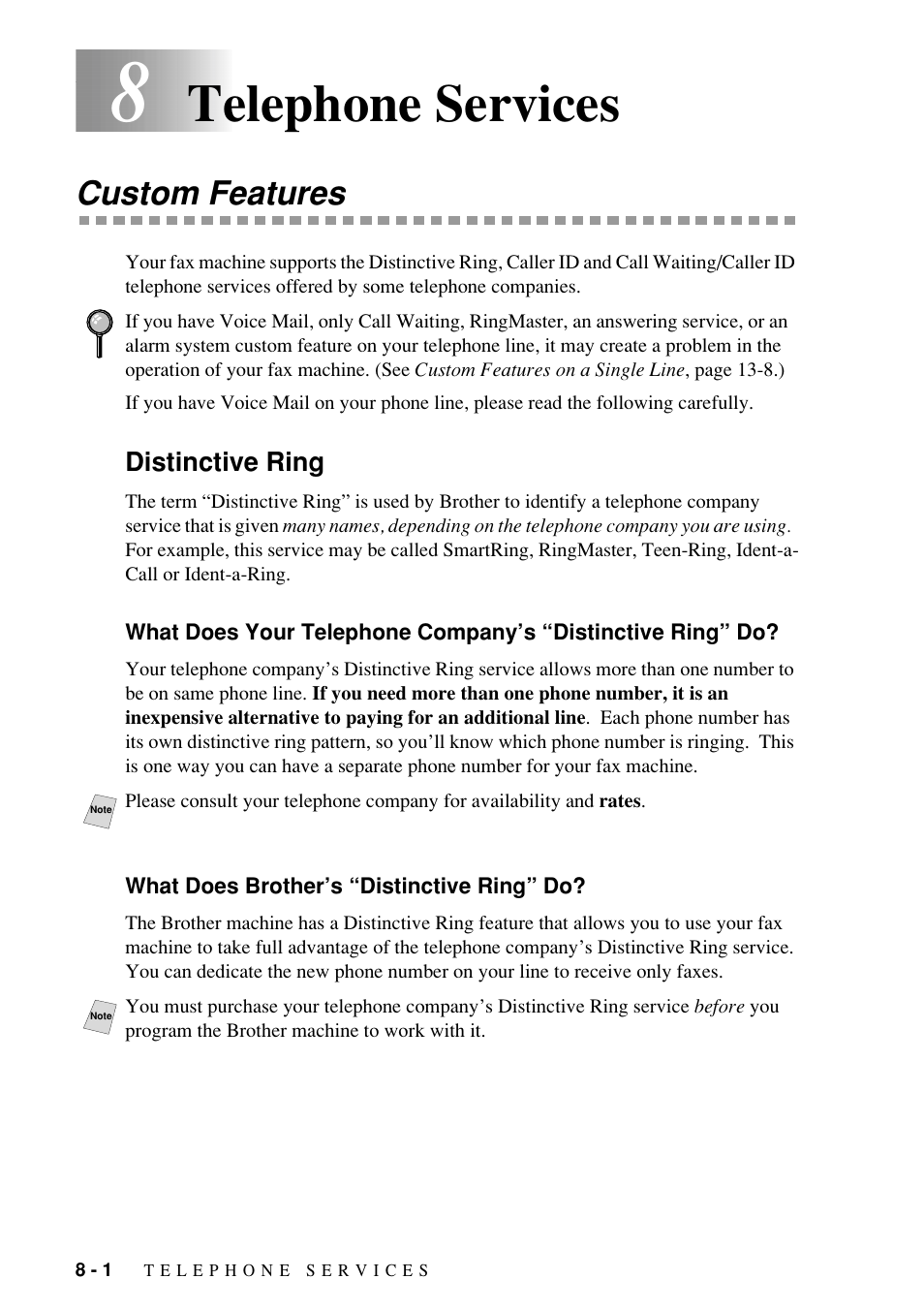 Telephone services, Custom features | Brother Fax-885MC User Manual | Page 62 / 108