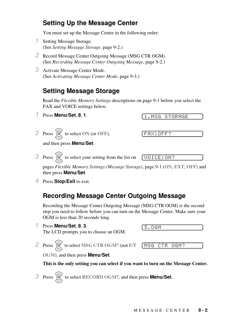 Setting up the message center, Setting message storage, Recording message center outgoing message | Brother Fax-885MC User Manual | Page 71 / 108