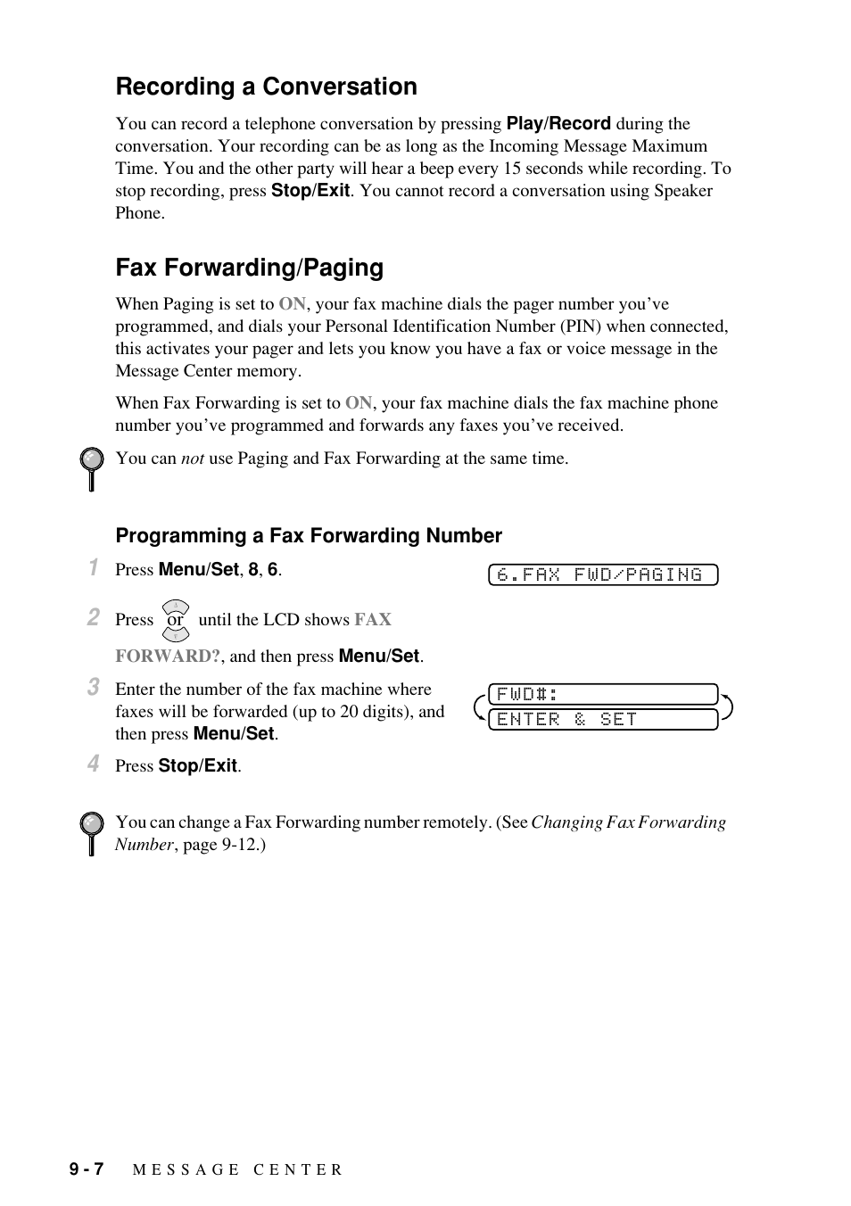 Recording a conversation, Fax forwarding/paging | Brother Fax-885MC User Manual | Page 76 / 108