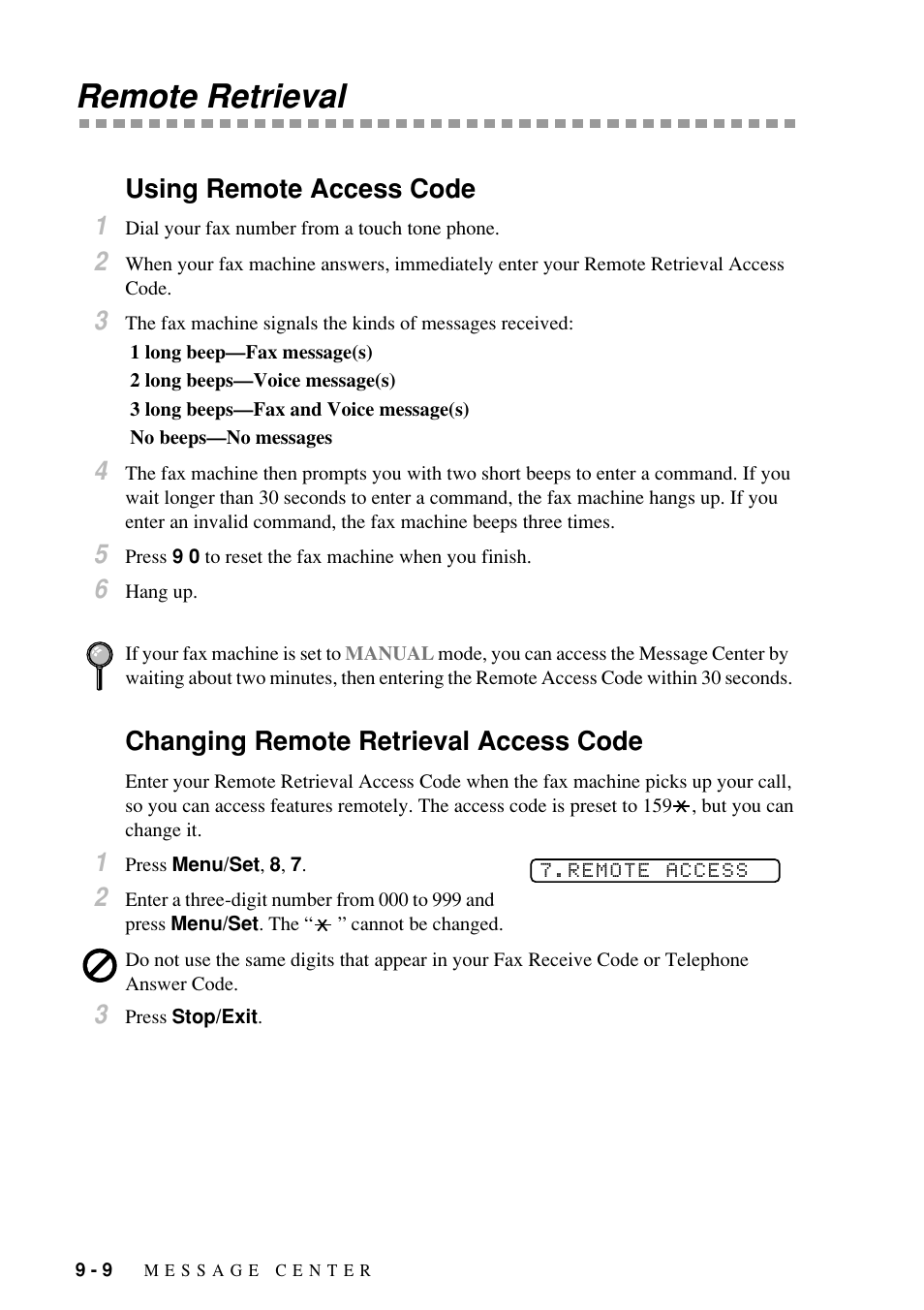 Remote retrieval, Using remote access code 1, Changing remote retrieval access code | Brother Fax-885MC User Manual | Page 78 / 108