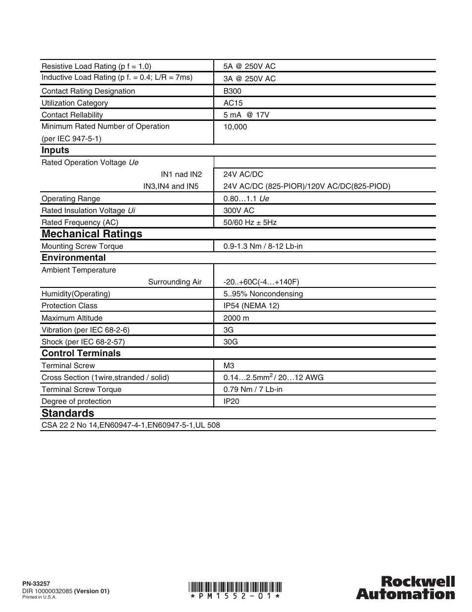 Mechanical ratings, Standards | Rockwell Automation 825-P_ Bul 825 Motor Protection Relay Installation User Manual | Page 4 / 4