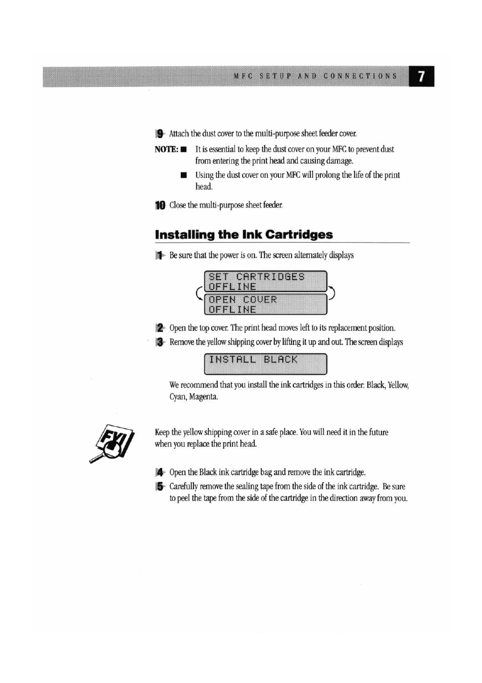 Installing the ink cartridges | Brother MFC 7000FC User Manual | Page 11 / 45