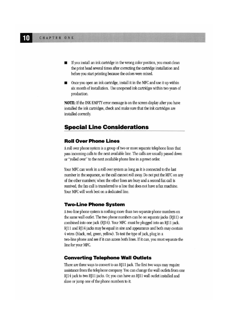 Special line considerations, Roll over phone lines, Twvo-line phone system | Converting telephone wall outlets, Two-line phone system | Brother MFC 7000FC User Manual | Page 14 / 45