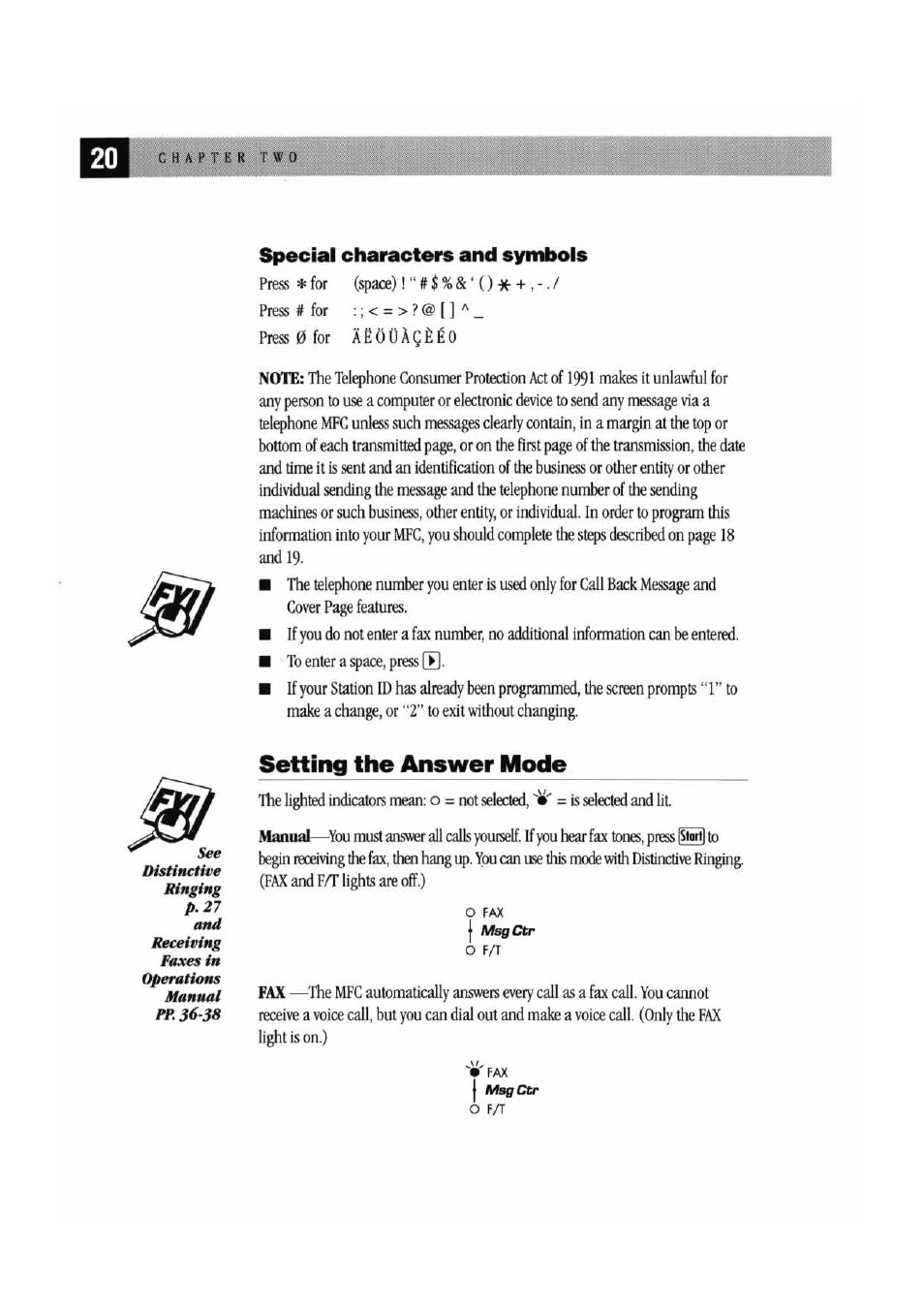 Special characters and symbols, Setting the answer mode | Brother MFC 7000FC User Manual | Page 24 / 45