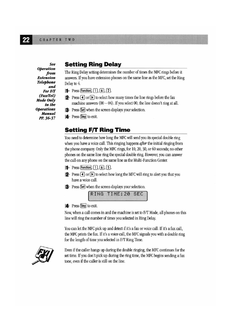Setting ring deiay, Setting ring delay, Setting f/t ring time | Brother MFC 7000FC User Manual | Page 26 / 45
