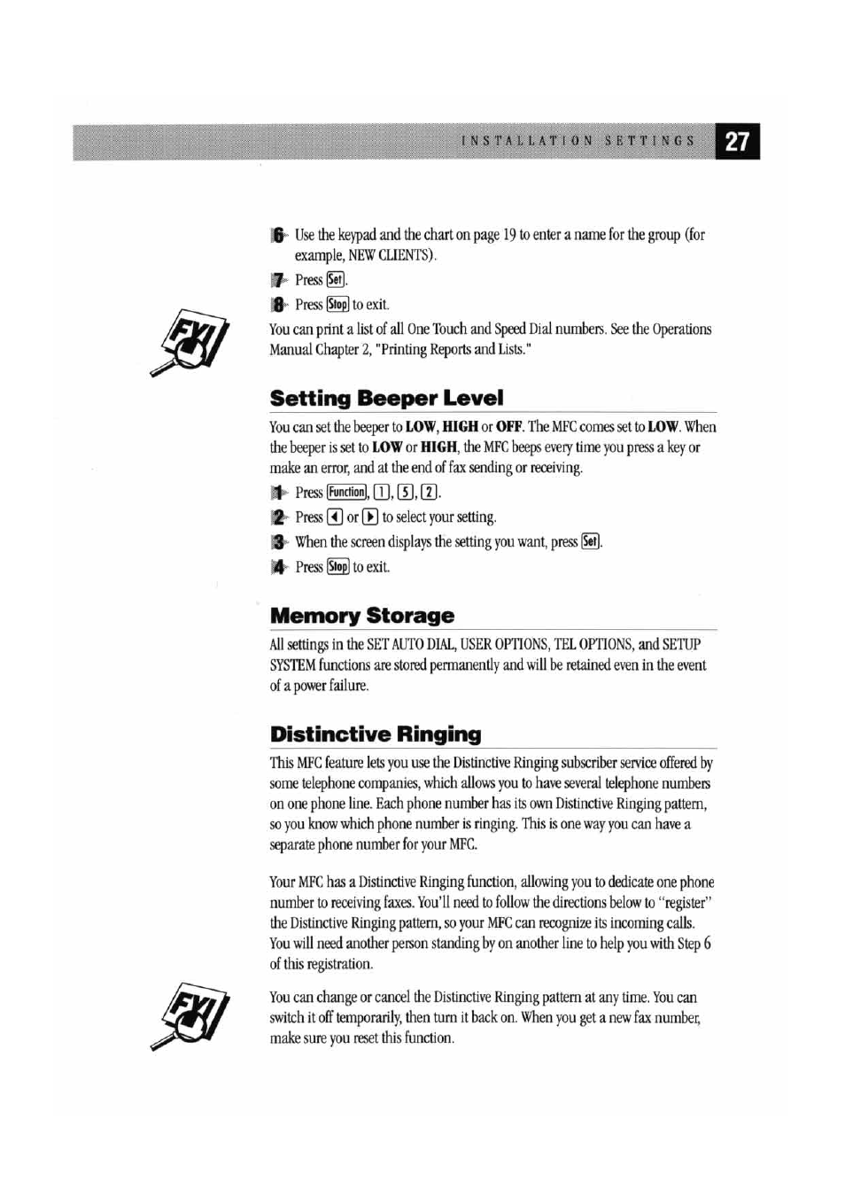 Setting beeper level, Memory storage, Distinctive ringing | Setting beeper level memory storage | Brother MFC 7000FC User Manual | Page 31 / 45